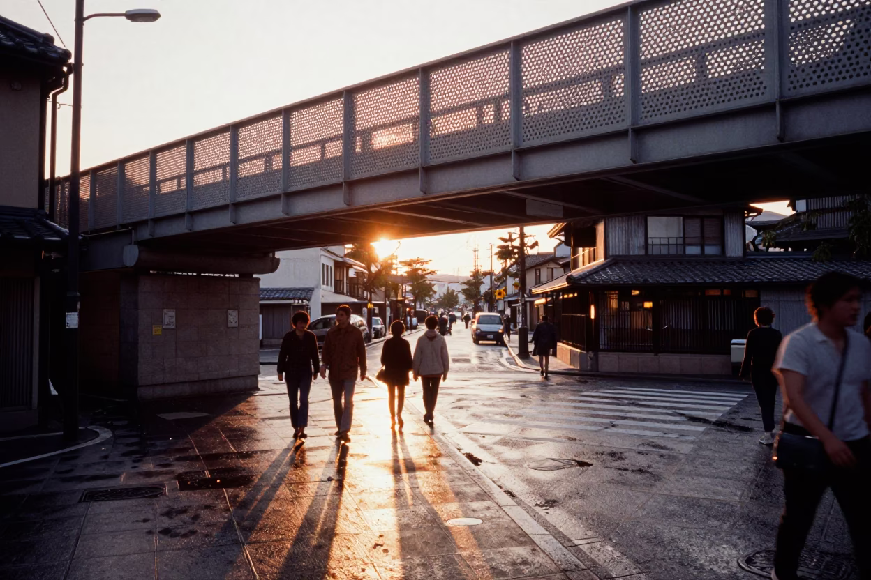 Golden Hour Street Scene in Kyoto Japan with Perforated Metal Overpass and Wet Footsteps in in Kyoto, Japan