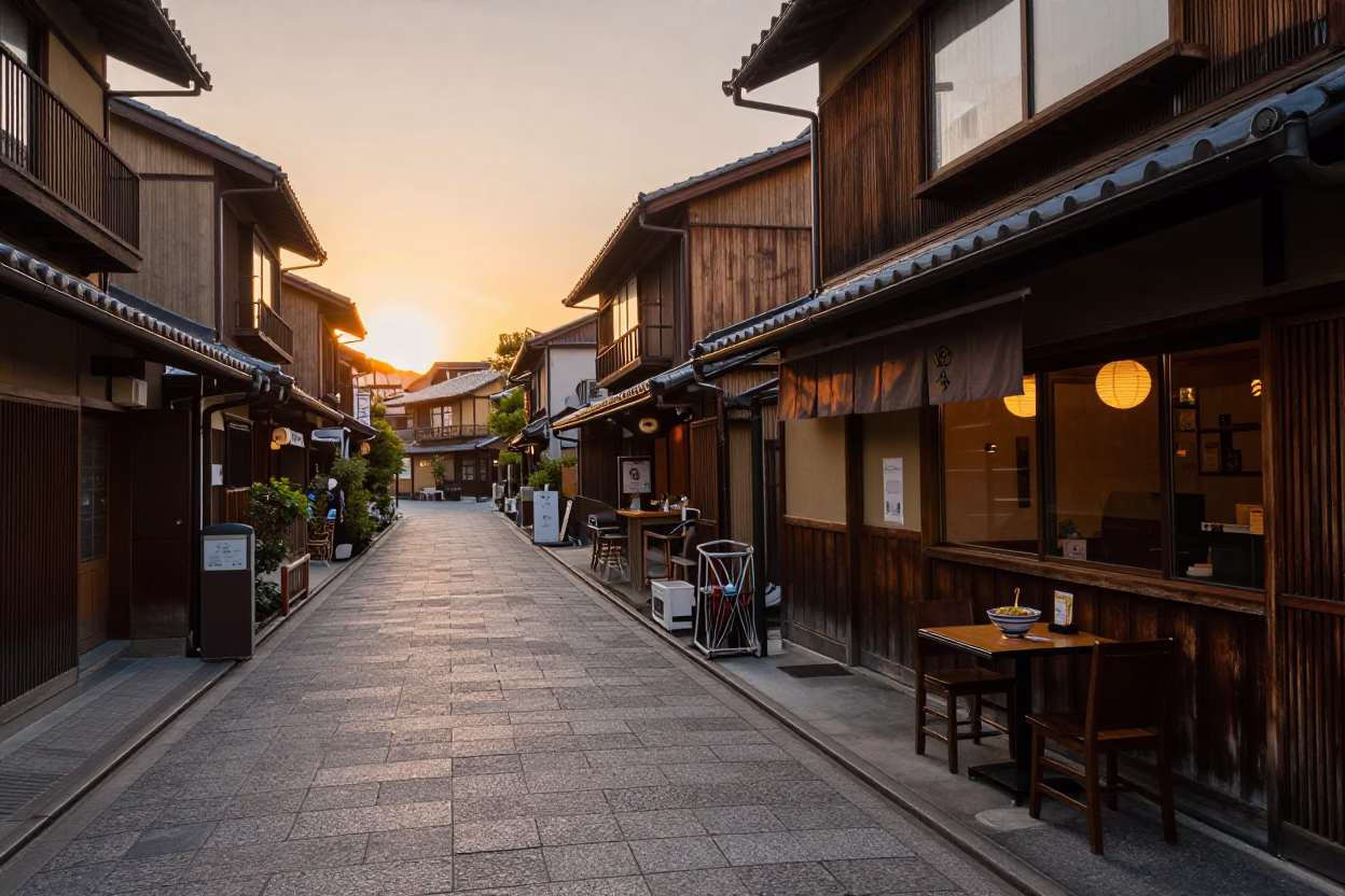 Golden Hour Street Scene in Kyoto Japan with Ramen and Urban Life in in Kyoto, Japan