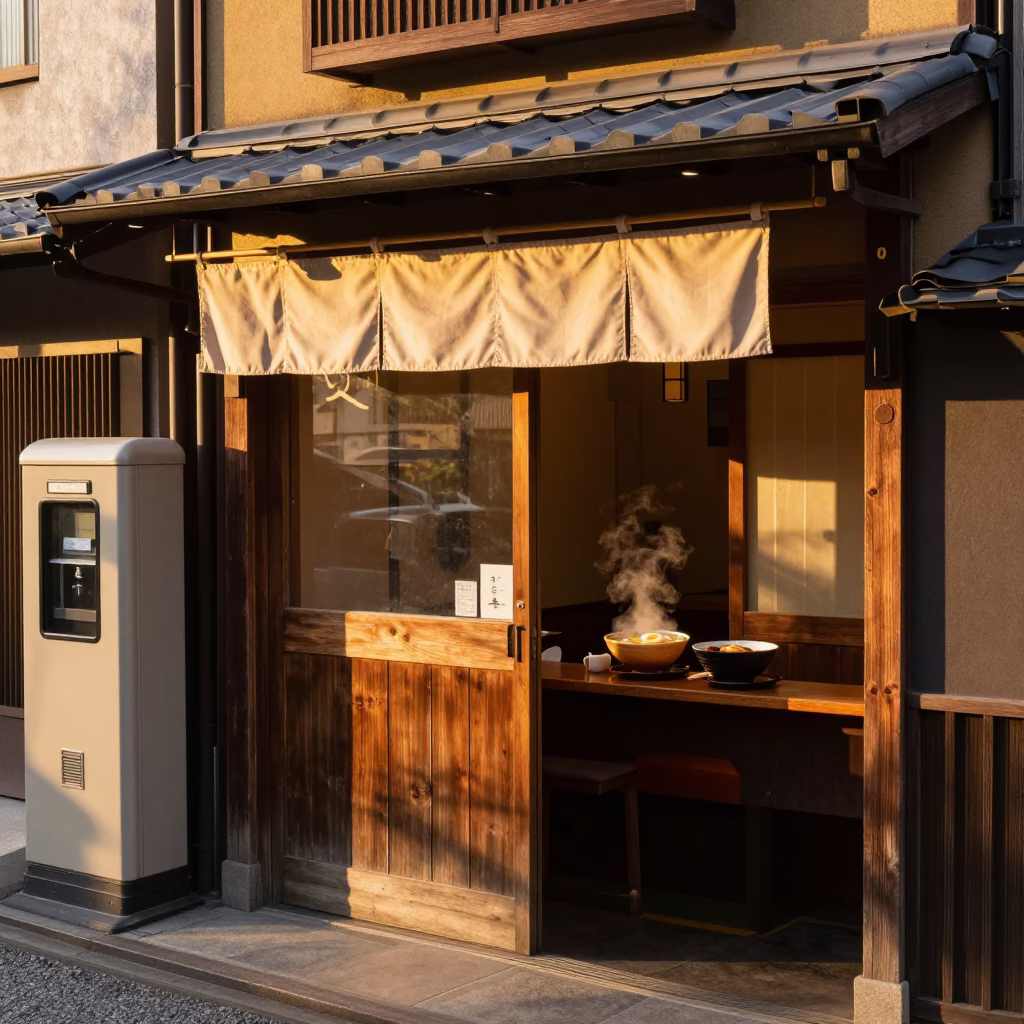 Golden Hour Street Scene in Kyoto Japan with Ramen Shop Exterior and Substation Insulators in in Kyoto, Japan