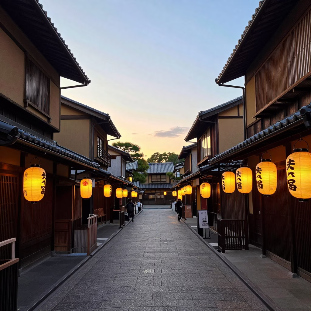 Golden Hour Street Scene in Kyoto Japan with Traditional Lanterns and Evening Pedestrians in in Kyoto, Japan