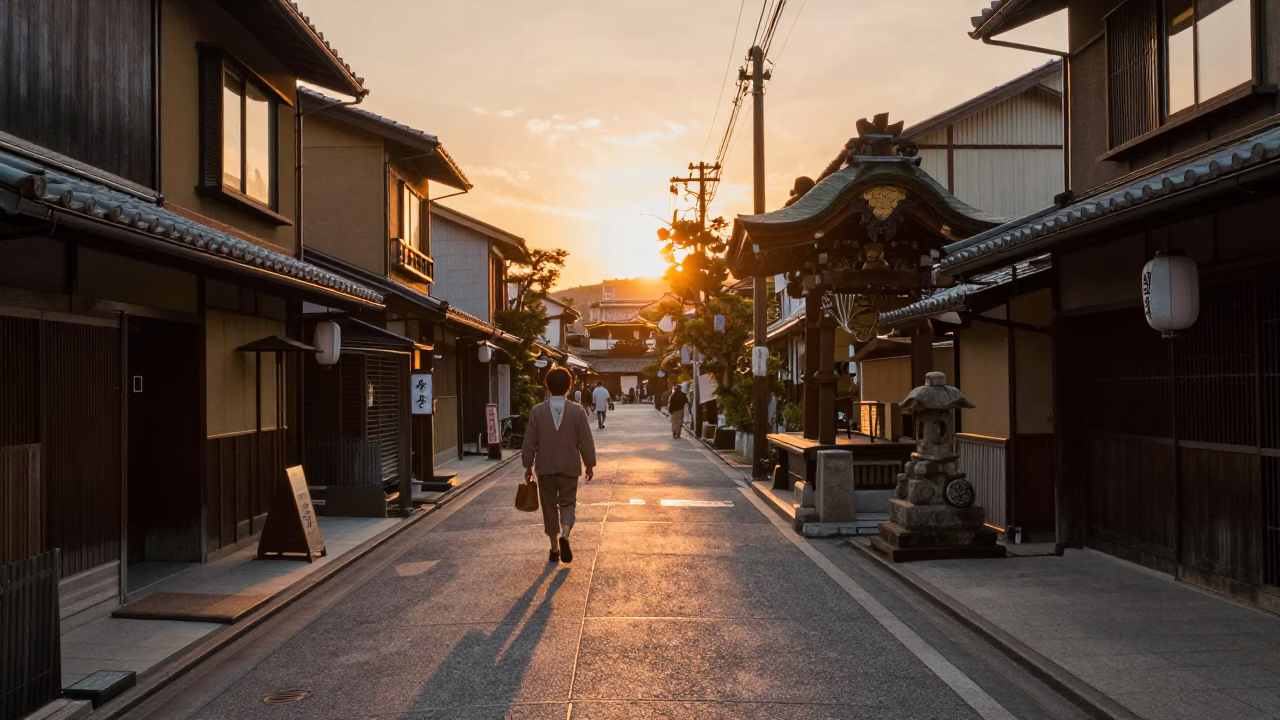 Golden Hour Street Scene in Kyoto Japan with Vintage 1970s Aesthetic and Local Life in in Kyoto, Japan