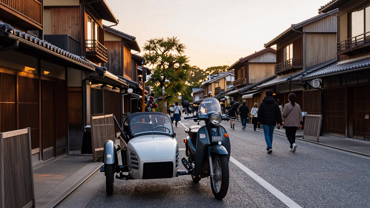 Golden Hour Street Scene in Kyoto Japan with Vintage Motorcycle Sidecar and Busy Traffic in in Kyoto, Japan