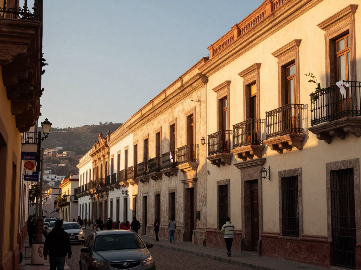 Golden Hour Street Scene in La Paz Bolivia with Balcony Masks and Vanilla Orchid in in La Paz, Bolivia
