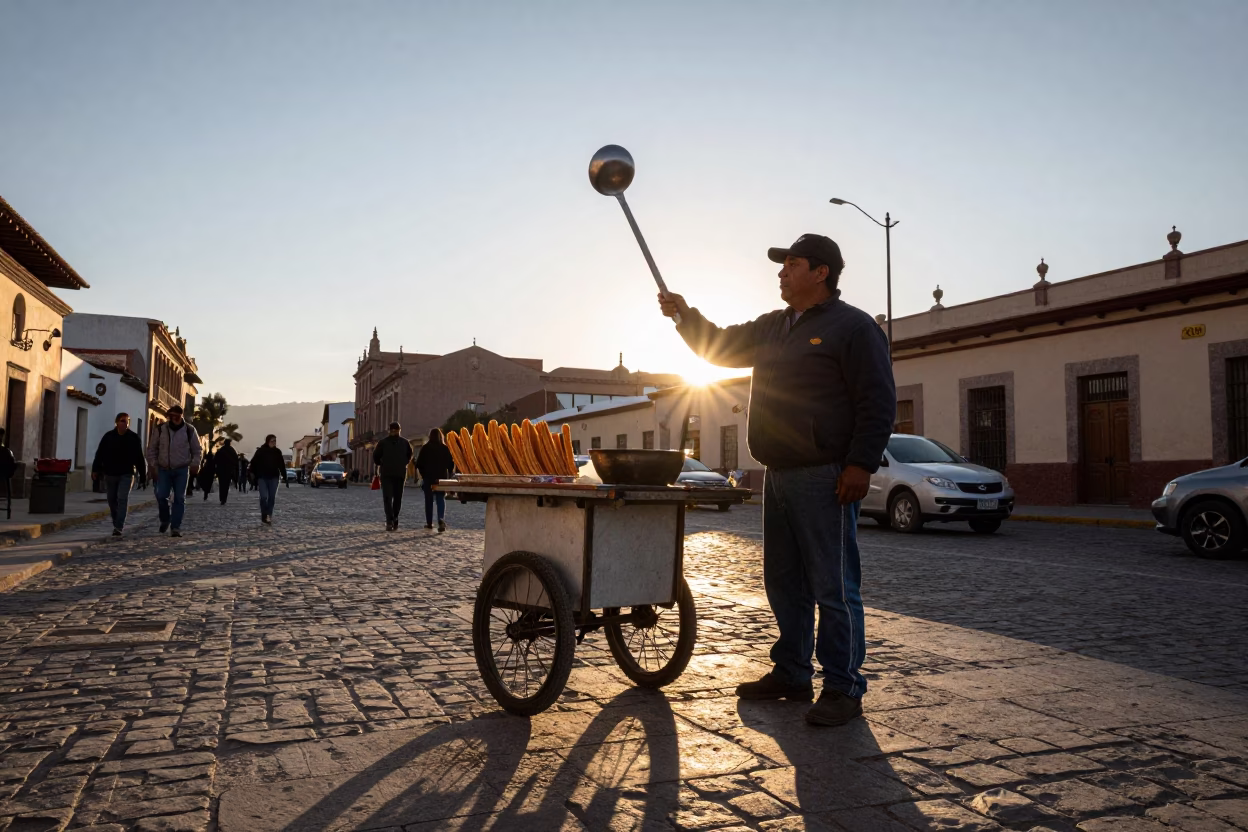 Golden Hour Street Scene in La Paz Bolivia with Churros and Ladle in in La Paz, Bolivia