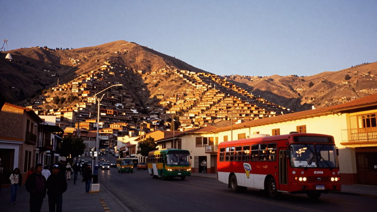 Golden Hour Street Scene in La Paz Bolivia with Colorful Buses and Andean Architecture in in La Paz, Bolivia