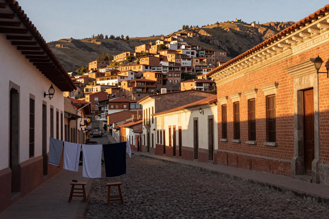 Golden Hour Street Scene in La Paz Bolivia with Drying Towels and Wooden Stool in in La Paz, Bolivia