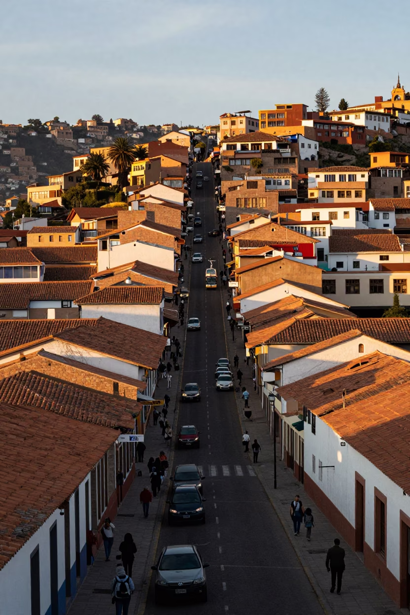 Golden Hour Street Scene in La Paz Bolivia with Funicular Cable Car Climbing Hillside in in La Paz, Bolivia