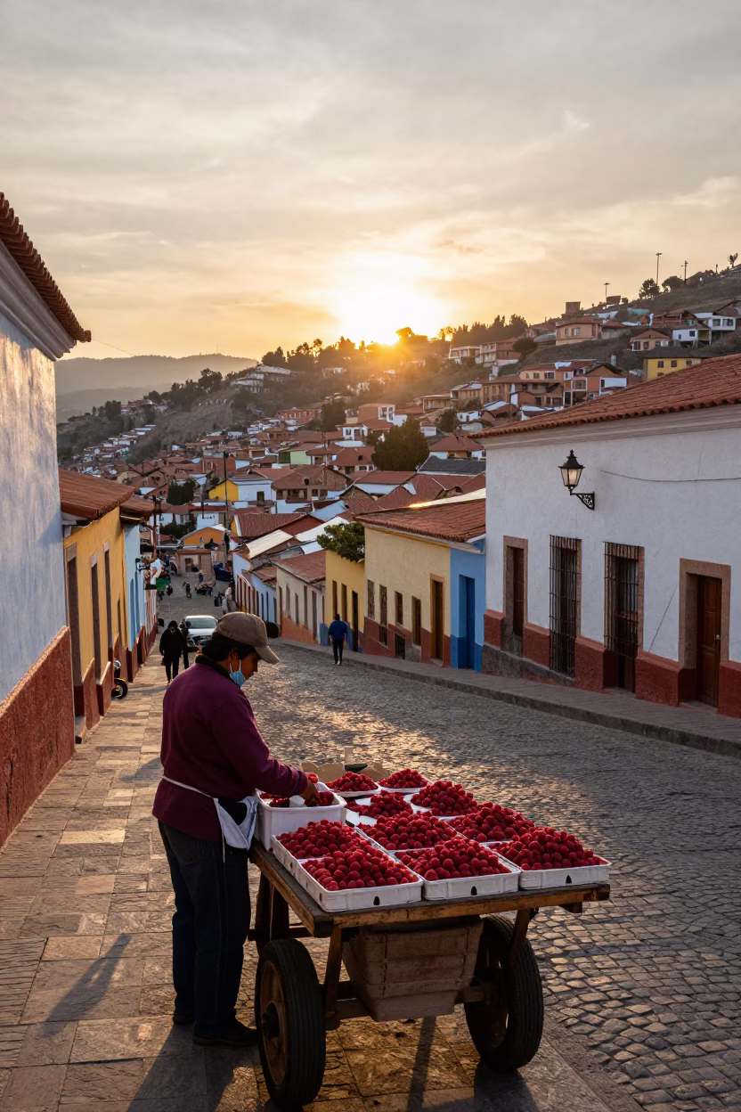 Golden Hour Street Scene in La Paz Bolivia with Raspberries and Urban Life in in La Paz, Bolivia
