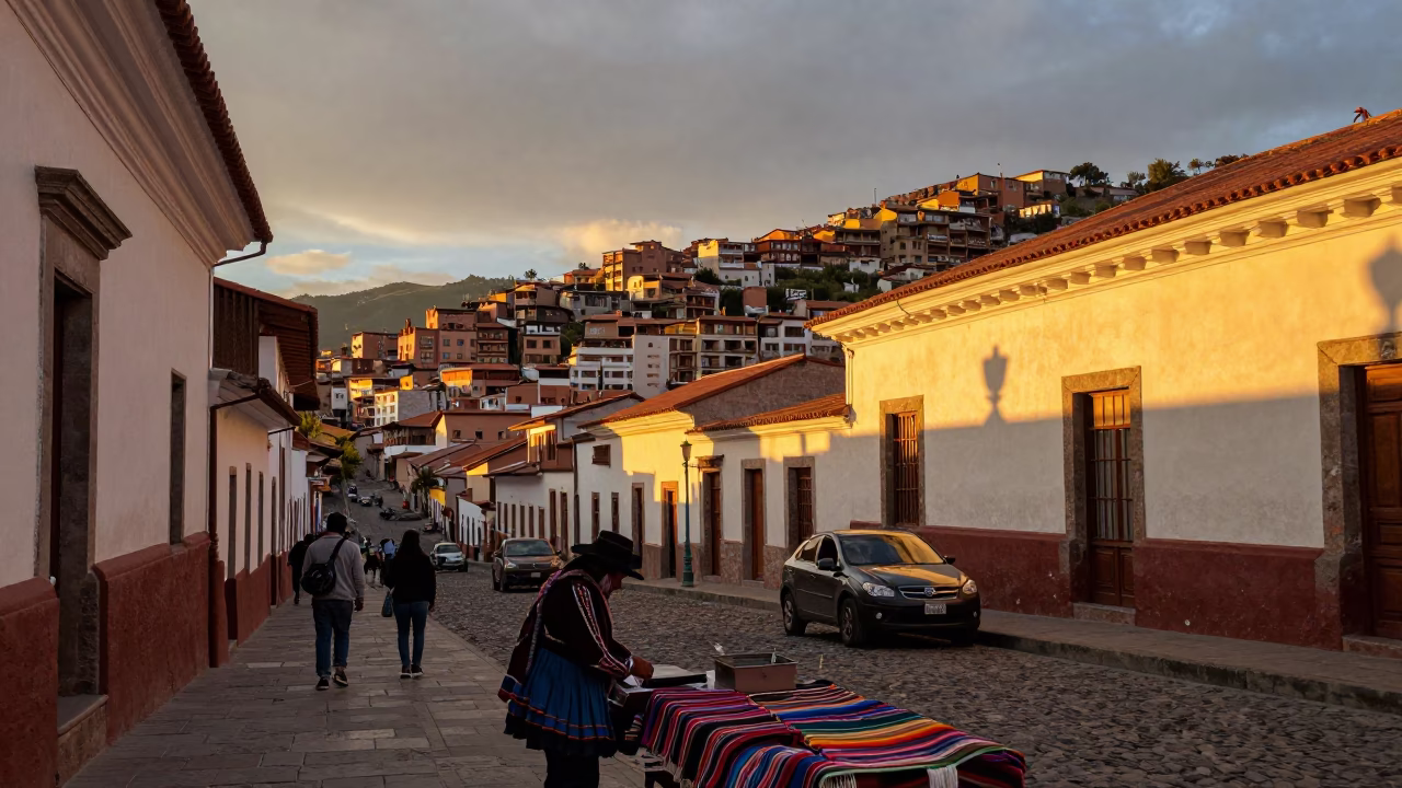 Golden Hour Street Scene in La Paz Bolivia with Traditional Textiles and Urban Life in in La Paz, Bolivia