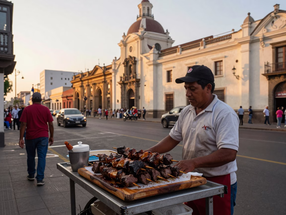 Golden Hour Street Scene in Lima Peru with Anticuchos and Urban Architecture in in Lima, Peru
