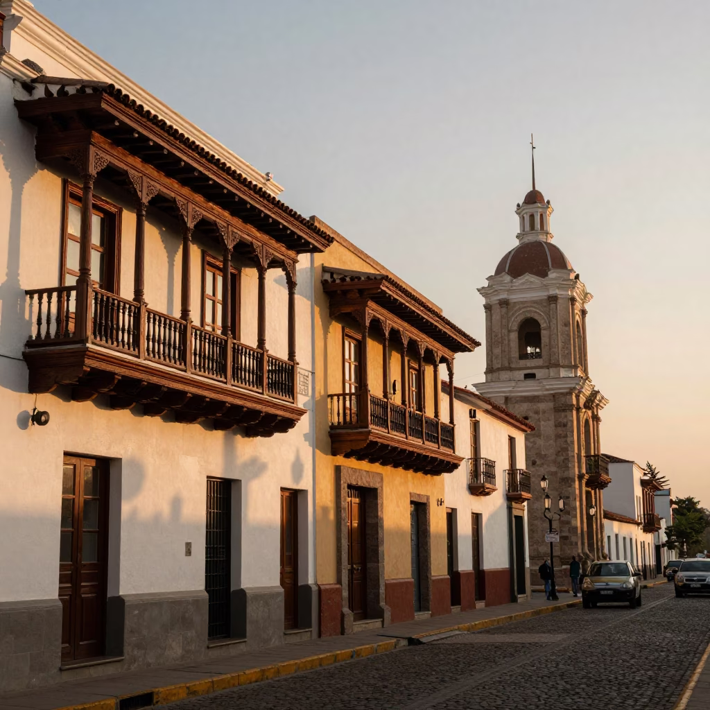 Golden Hour Street Scene in Lima Peru with Balconies and Sunset in in Lima, Peru