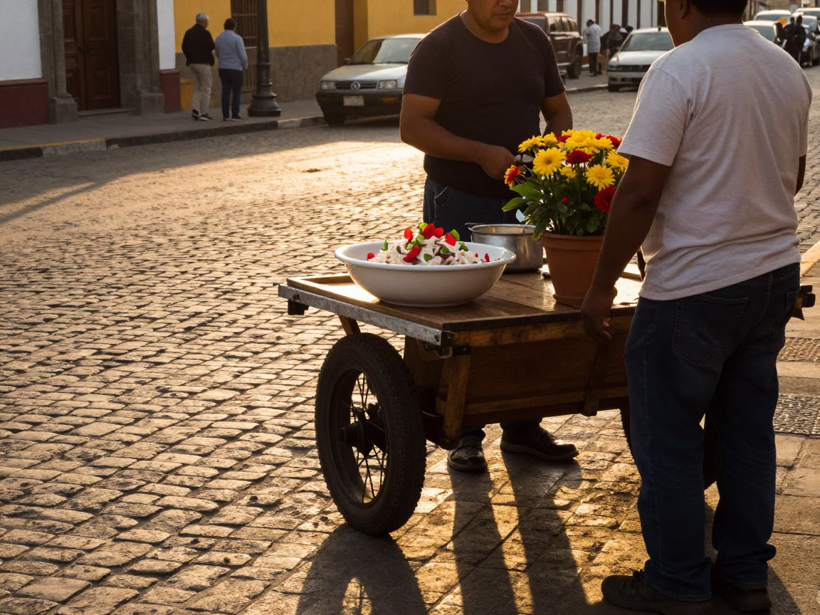 Golden Hour Street Scene in Lima Peru with Bowl of Ceviche and Flowerpot in in Lima, Peru