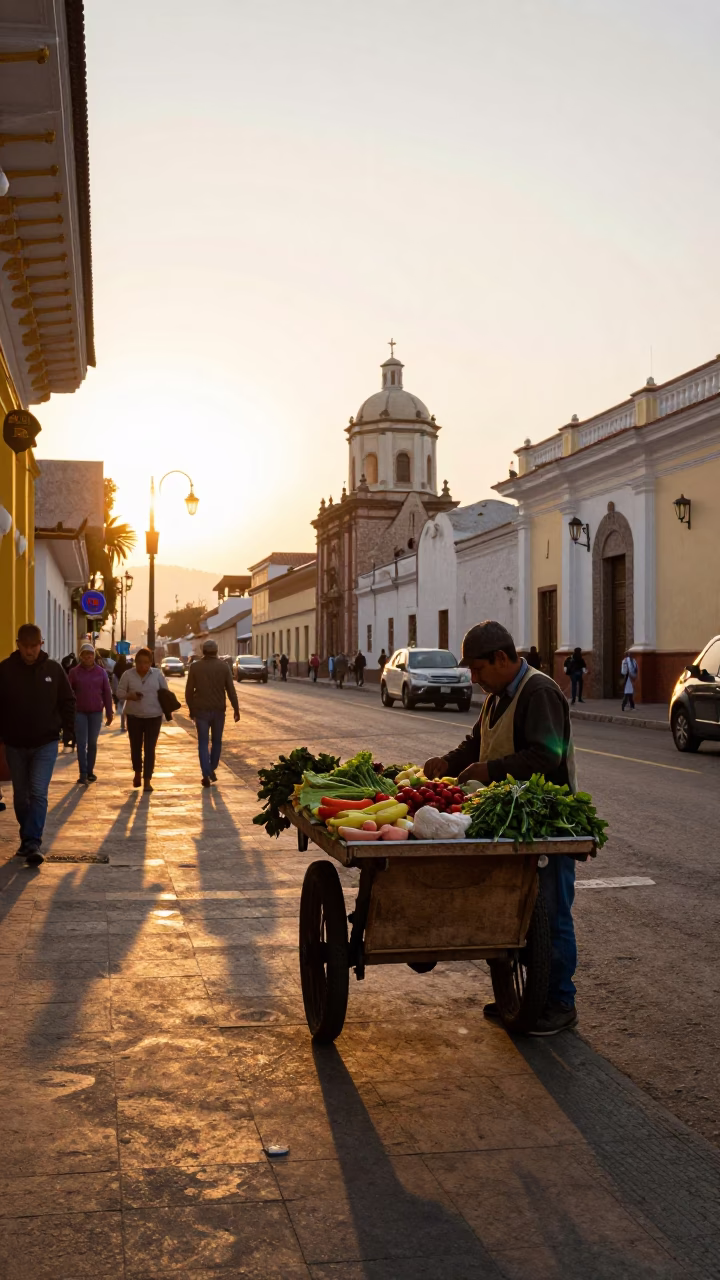 Golden Hour Street Scene in Lima Peru with Ceramic Cheese Dome and Local Vendor in in Lima, Peru