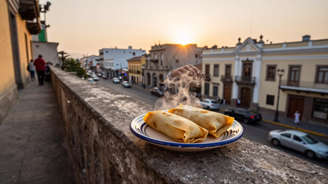 Golden Hour Street Scene in Lima Peru with Ceramic Plate and Tamales on Balcony in in Lima, Peru