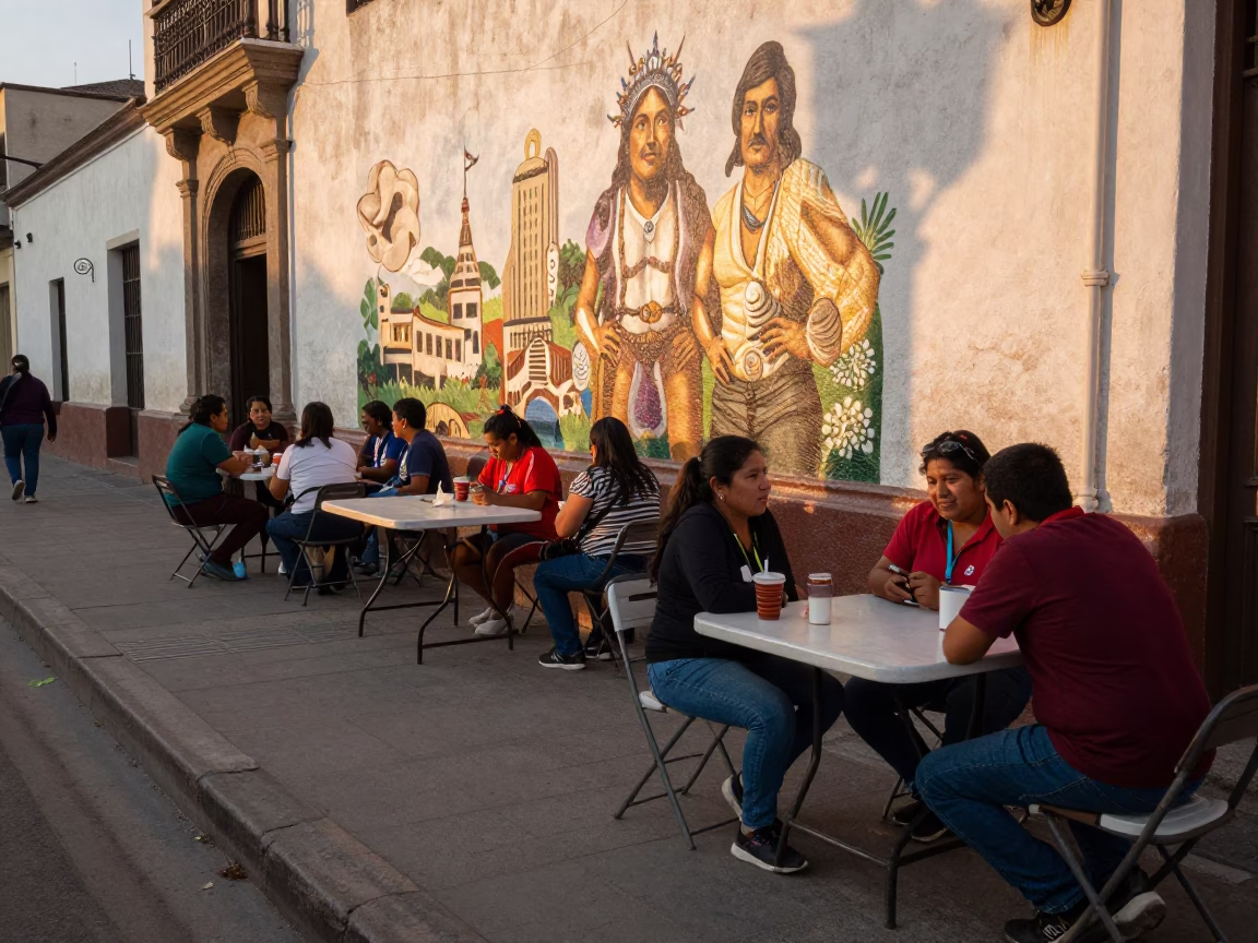 Golden Hour Street Scene in Lima Peru with Folding Tables and Mural in in Lima, Peru