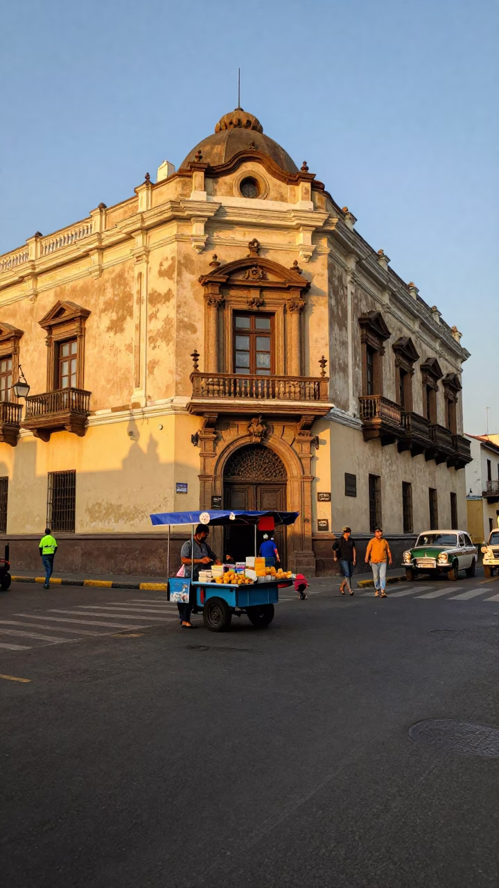 Golden Hour Street Scene in Lima Peru with Food Vendor and Vintage Car in in Lima, Peru