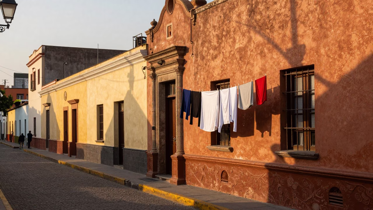 Golden Hour Street Scene in Lima Peru with Hanging Laundry and Terracotta Details in in Lima, Peru