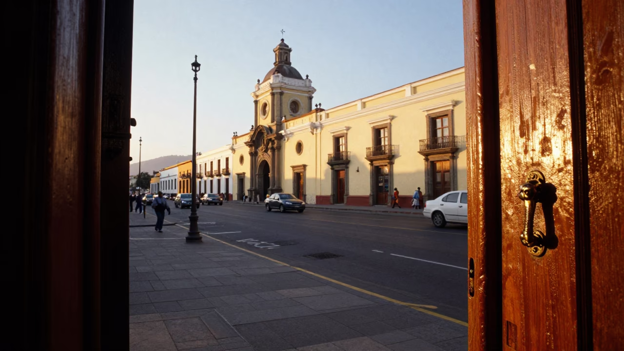 Golden Hour Street Scene in Lima Peru with Historic Architecture and Local Life in in Lima, Peru