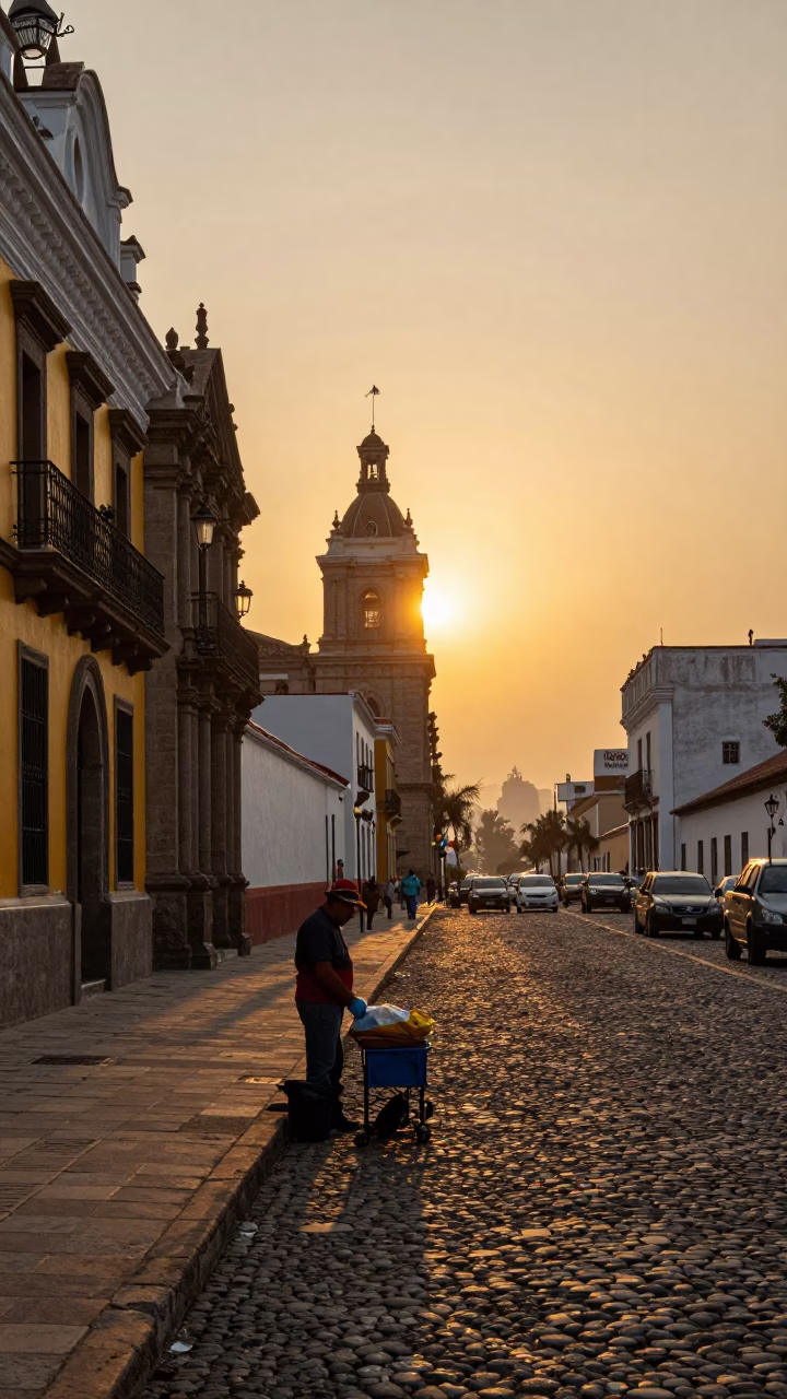 Golden Hour Street Scene in Lima Peru with Local Vendor and Colorful Details in in Lima, Peru