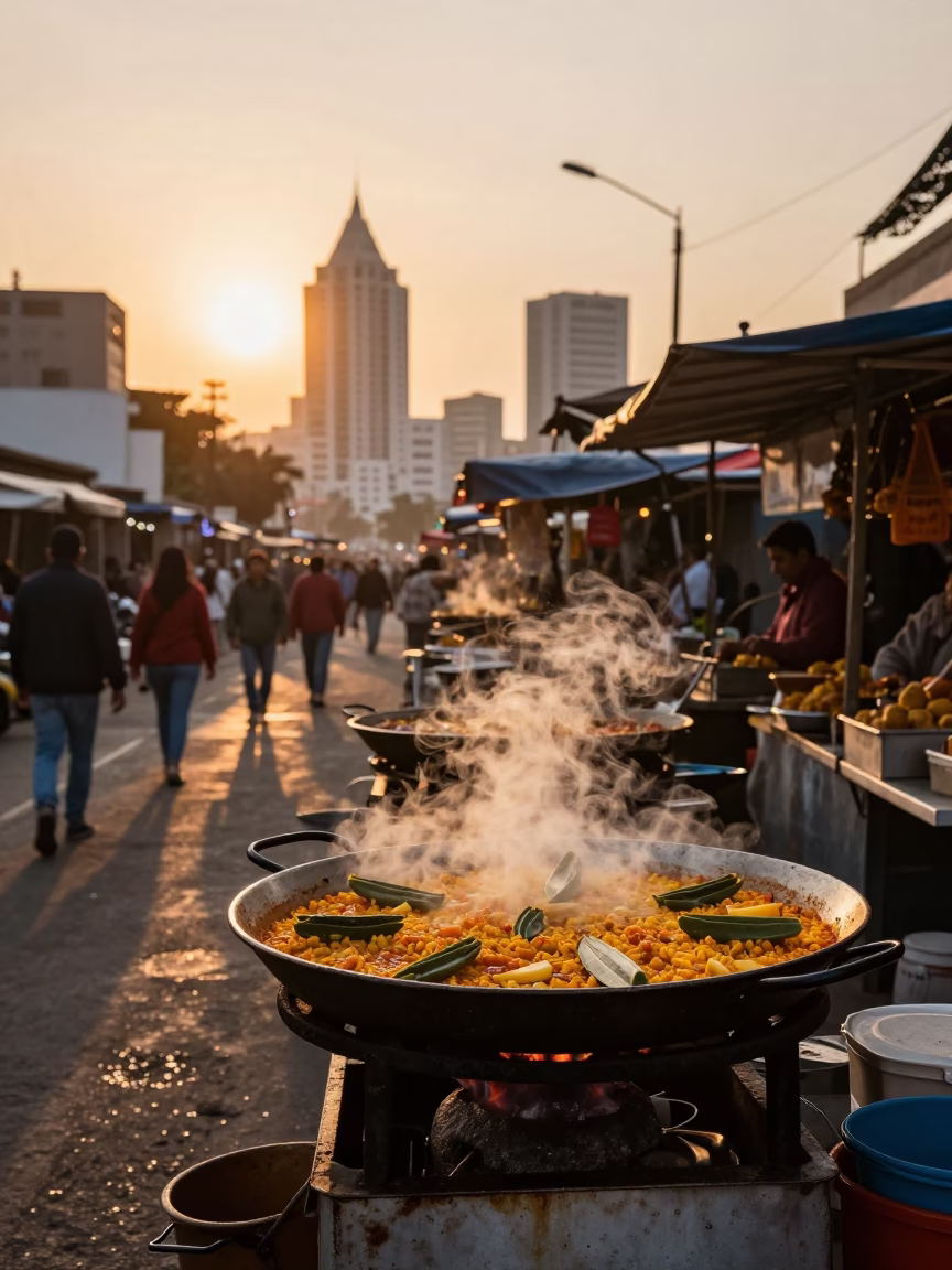Golden Hour Street Scene in Lima Peru with Paella and Echeveria Details in in Lima, Peru