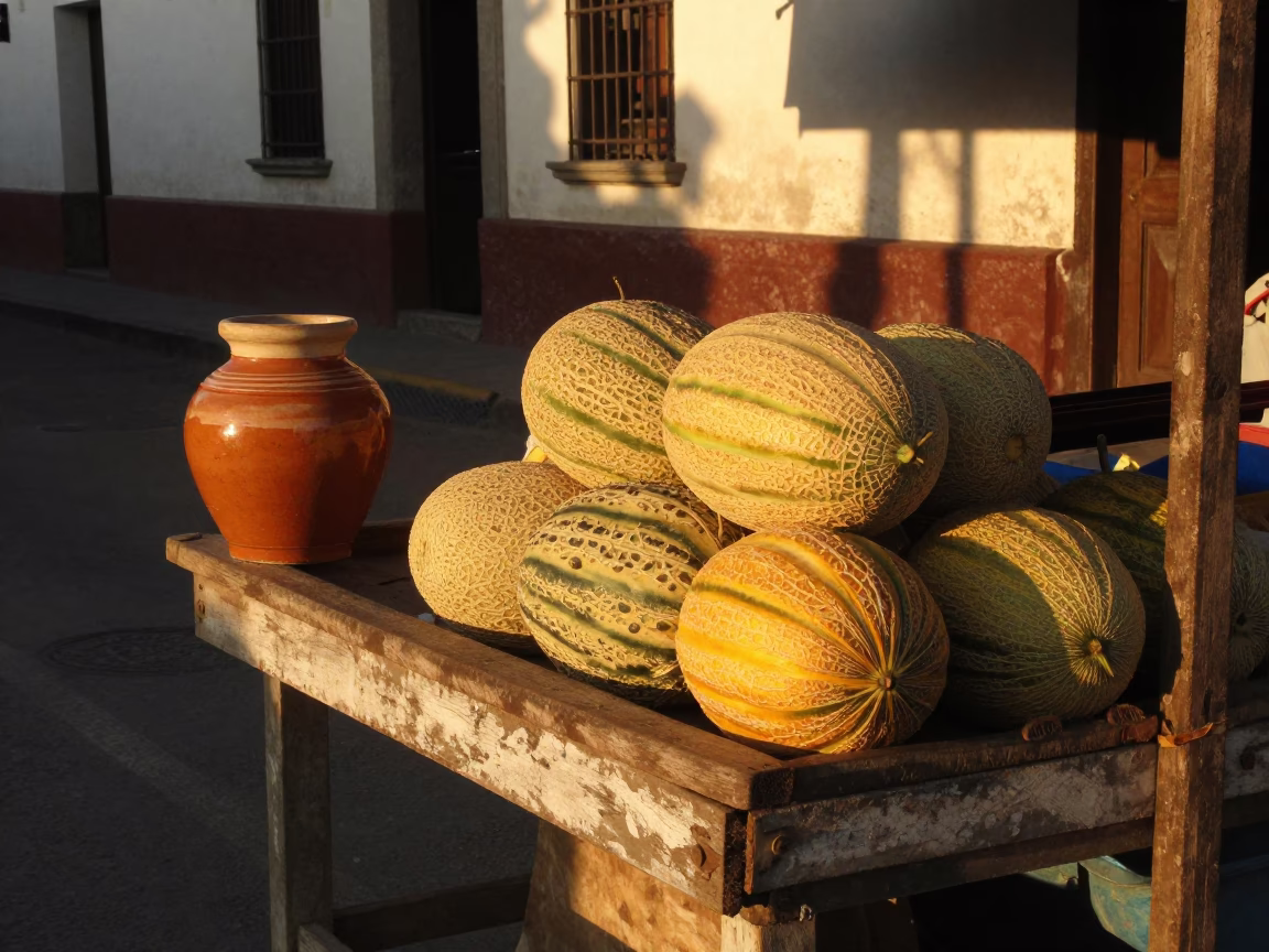 Golden Hour Street Scene in Lima Peru with Spice Jar and Melons in in Lima, Peru