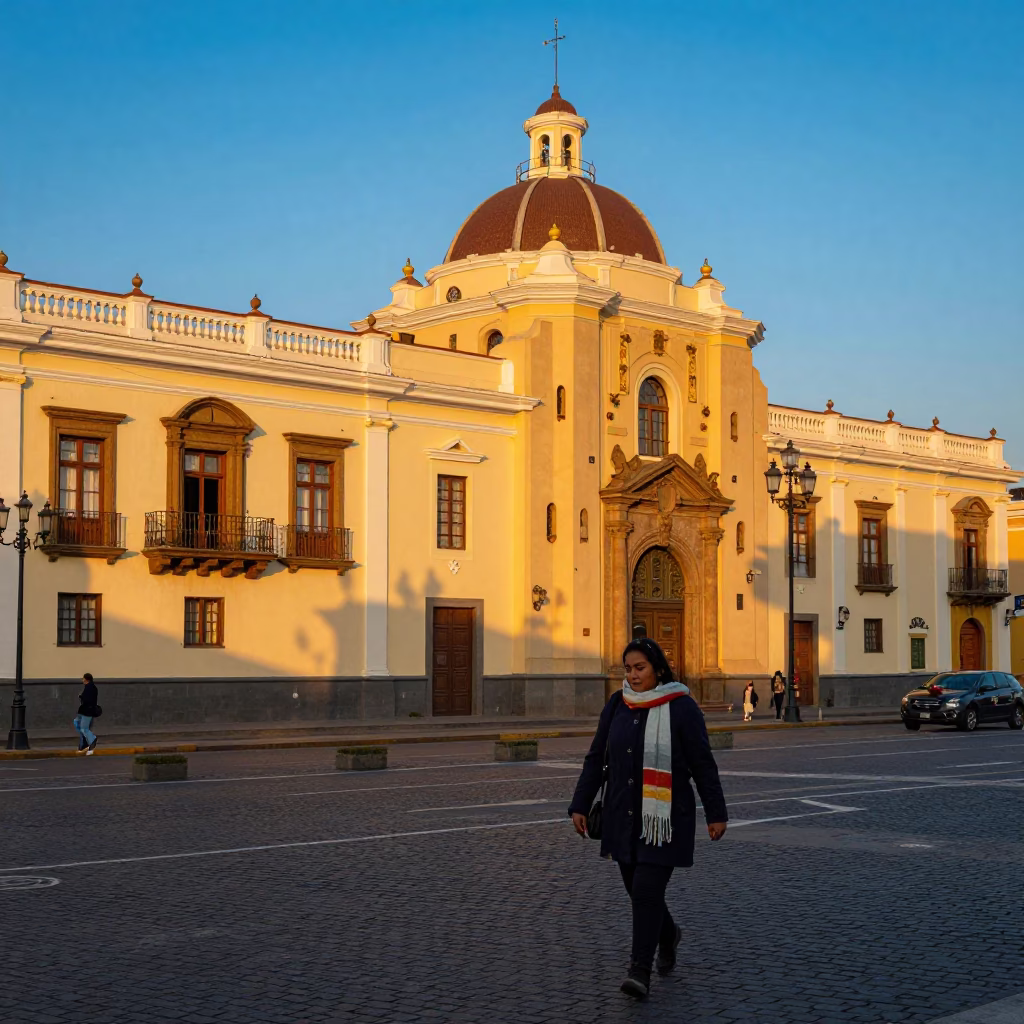 Golden Hour Street Scene in Lima Peru with Wool Scarves and Urban Life in in Lima, Peru