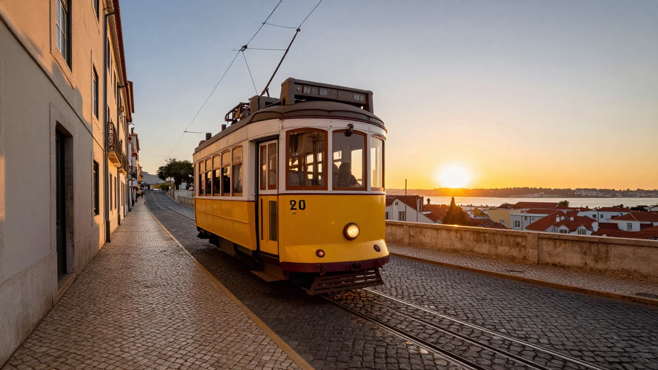 Golden Hour Street Scene in Lisbon Portugal Heritage Tram and Cobblestone Alley in in Lisbon, Portugal