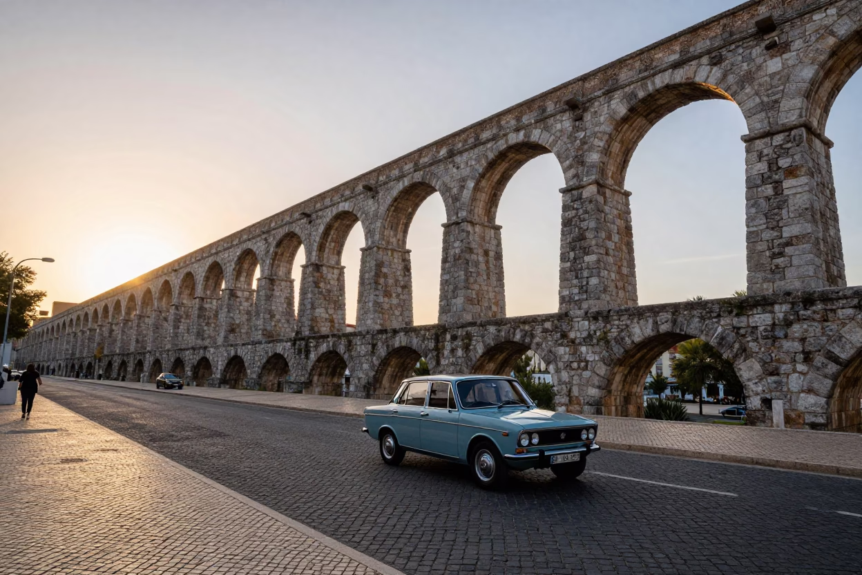 Golden Hour Street Scene in Lisbon Portugal with Aqueduct and Vintage Car in in Lisbon, Portugal