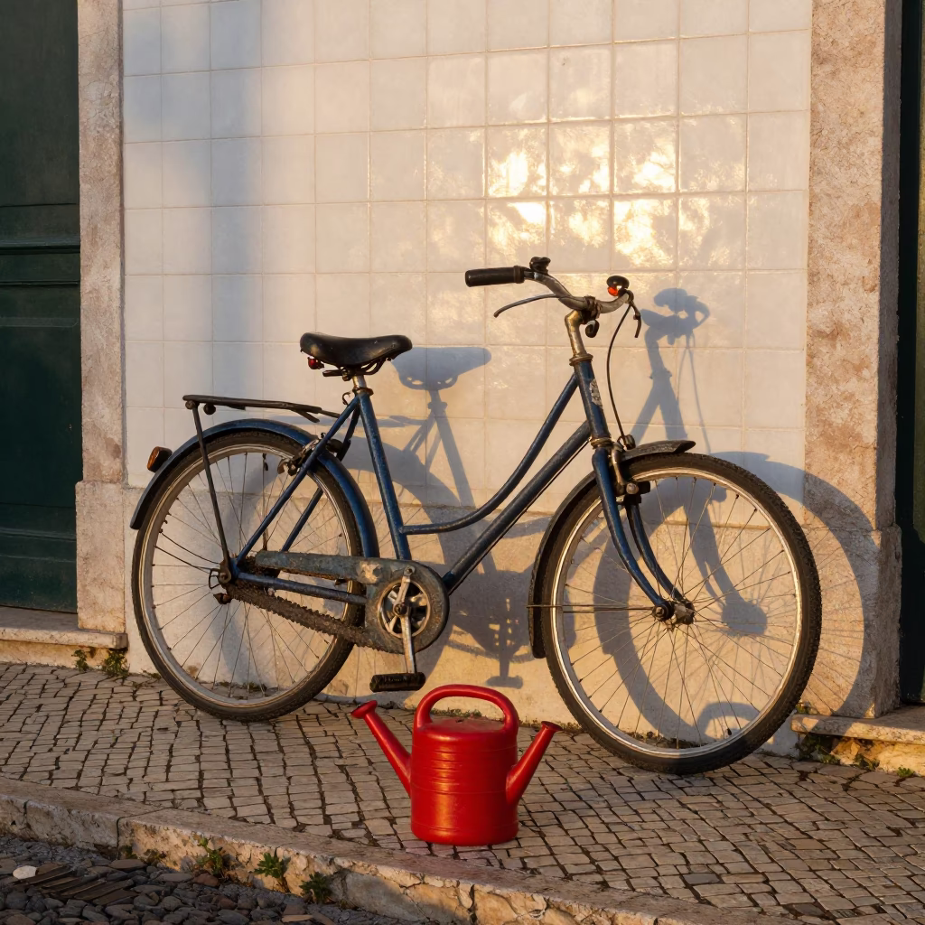 Golden Hour Street Scene in Lisbon Portugal with Bicycle and Watering Jug in in Lisbon, Portugal