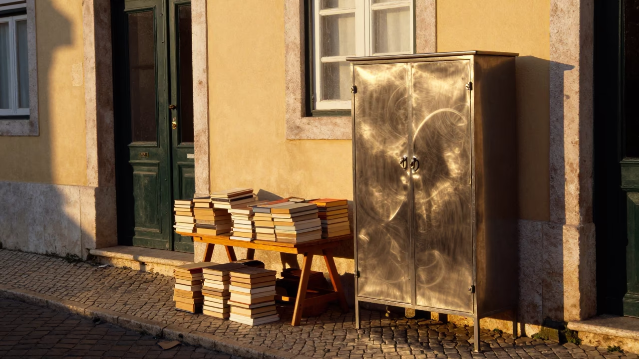 Golden Hour Street Scene in Lisbon Portugal with Books and Brushed Steel Cabinet in in Lisbon, Portugal