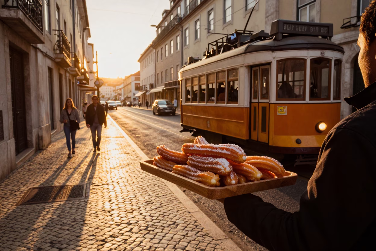 Golden Hour Street Scene in Lisbon Portugal with Churros and Tram in in Lisbon, Portugal