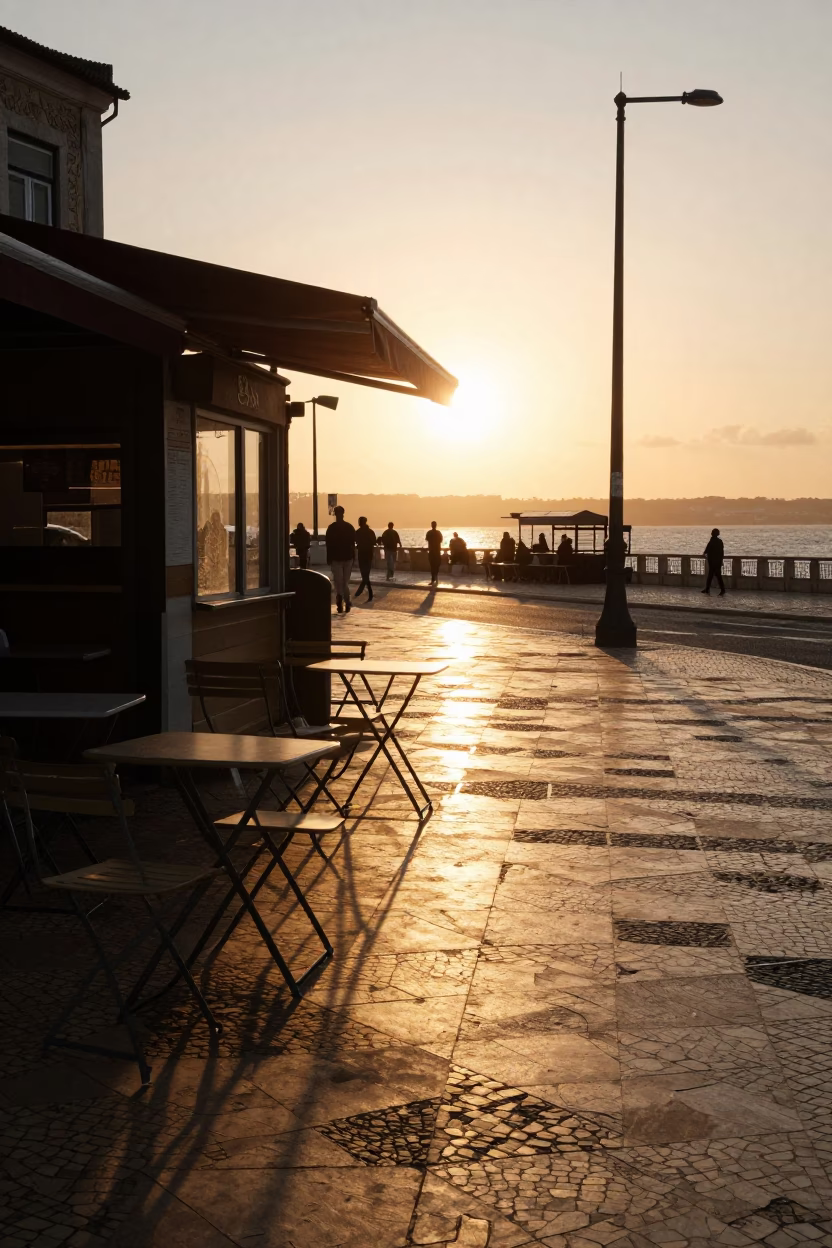 Golden Hour Street Scene in Lisbon Portugal with Folding Tables and Newspaper Stacks in in Lisbon, Portugal