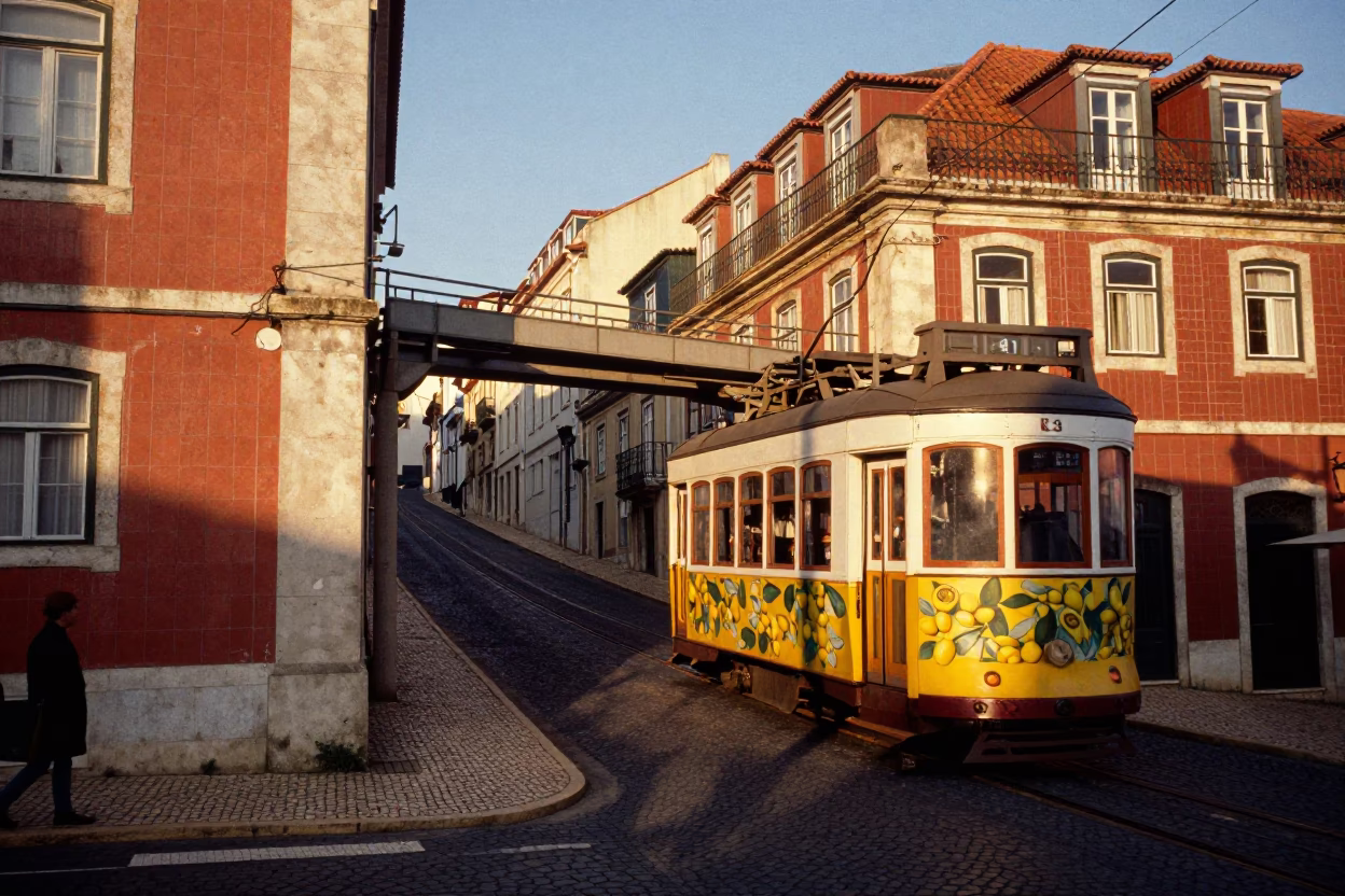 Golden Hour Street Scene in Lisbon Portugal with Monorail and Lemons in in Lisbon, Portugal
