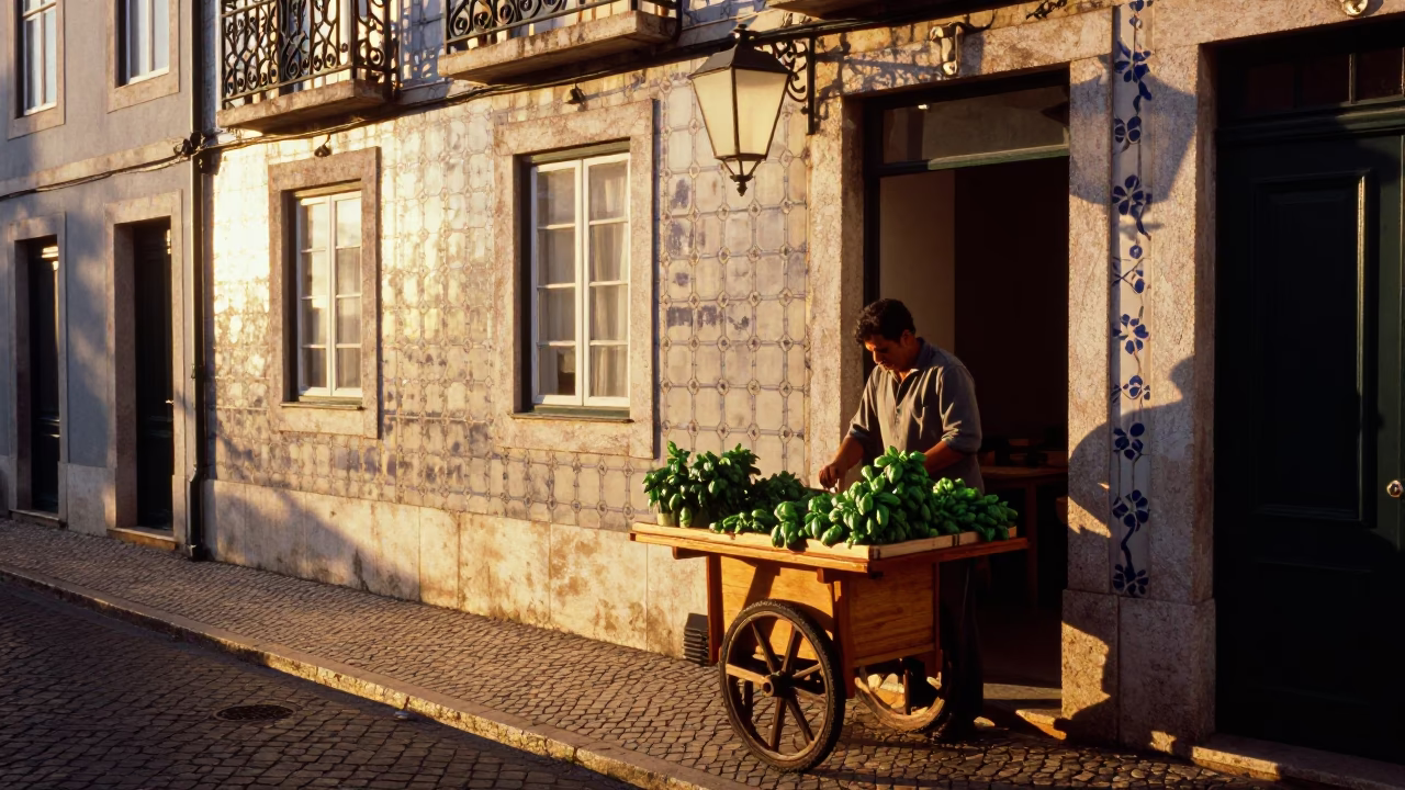 Golden Hour Street Scene in Lisbon Portugal with Paper Lantern and Basil in in Lisbon, Portugal