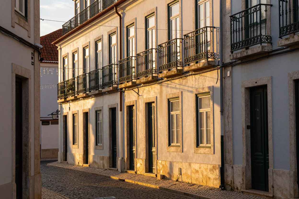 Golden Hour Street Scene in Lisbon Portugal with String Lights and Traditional Ceramics in in Lisbon, Portugal