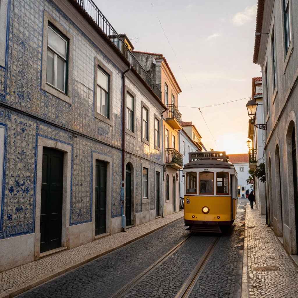 Golden Hour Street Scene in Lisbon Portugal with Tiled Facades and Tram in in Lisbon, Portugal