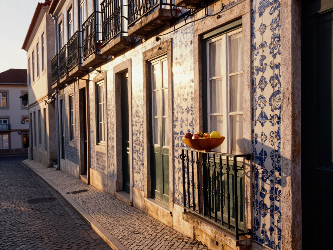 Golden Hour Street Scene in Lisbon Portugal with Traditional Elements in in Lisbon, Portugal