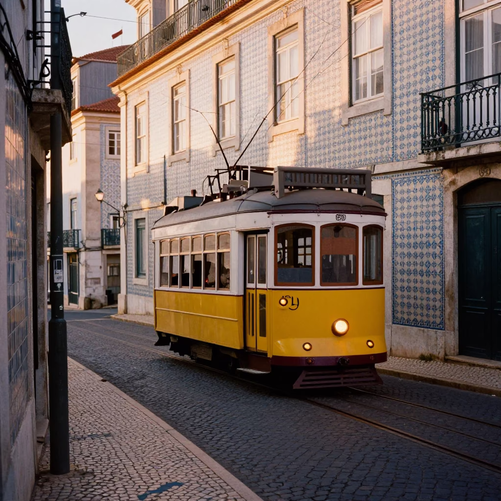 Golden Hour Street Scene in Lisbon Portugal with Tram and Tile Architecture in in Lisbon, Portugal