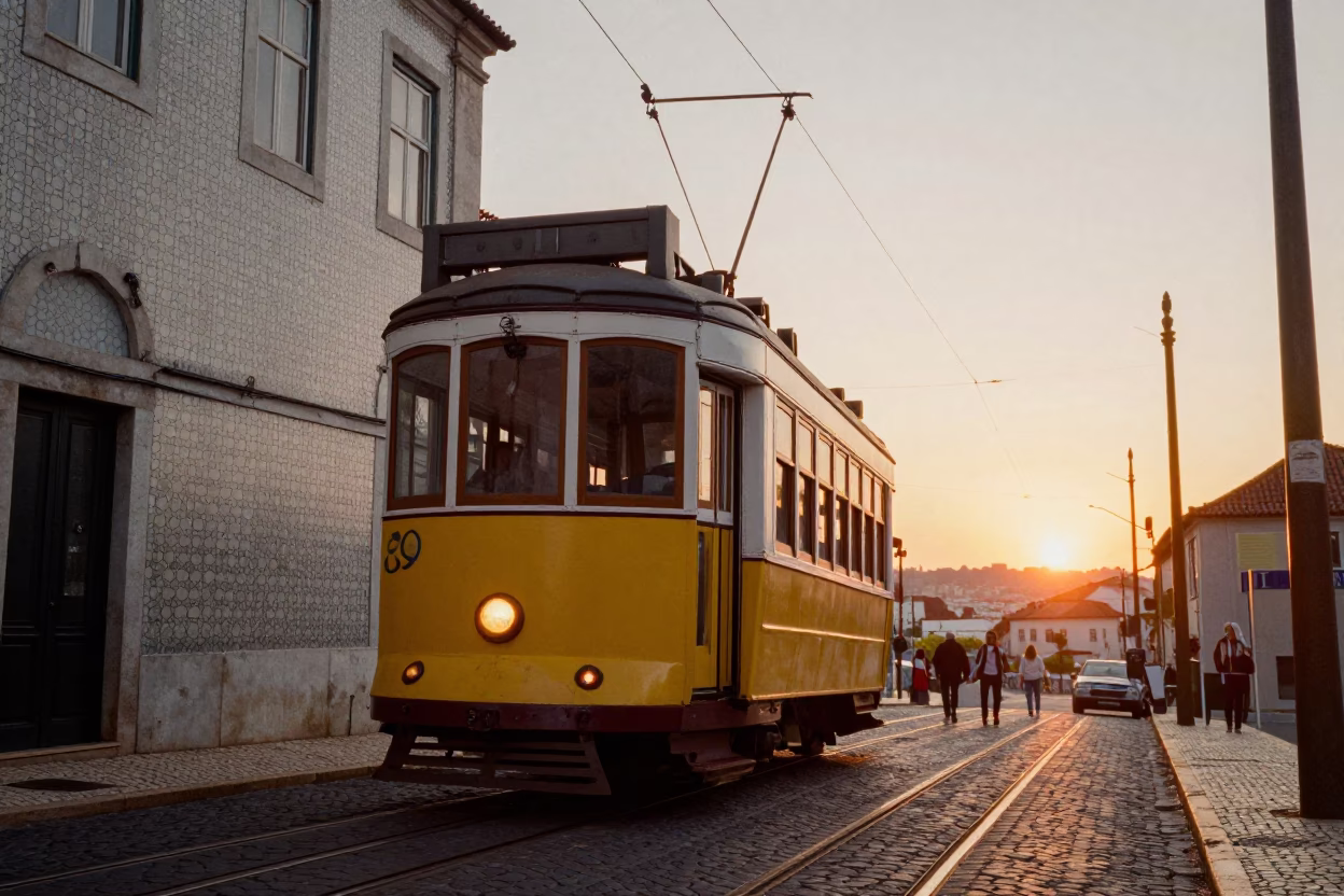Golden Hour Street Scene in Lisbon Portugal with Tram and Tiled Facades in in Lisbon, Portugal