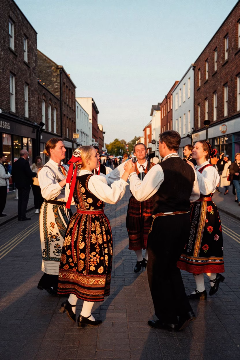 Golden Hour Street Scene in Liverpool UK with Traditional Costumes and Folk Dance in in Liverpool, United Kingdom
