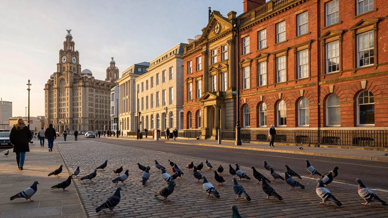 Golden Hour Street Scene in Liverpool United Kingdom with Pigeons and Historic Architecture in in Liverpool, United Kingdom