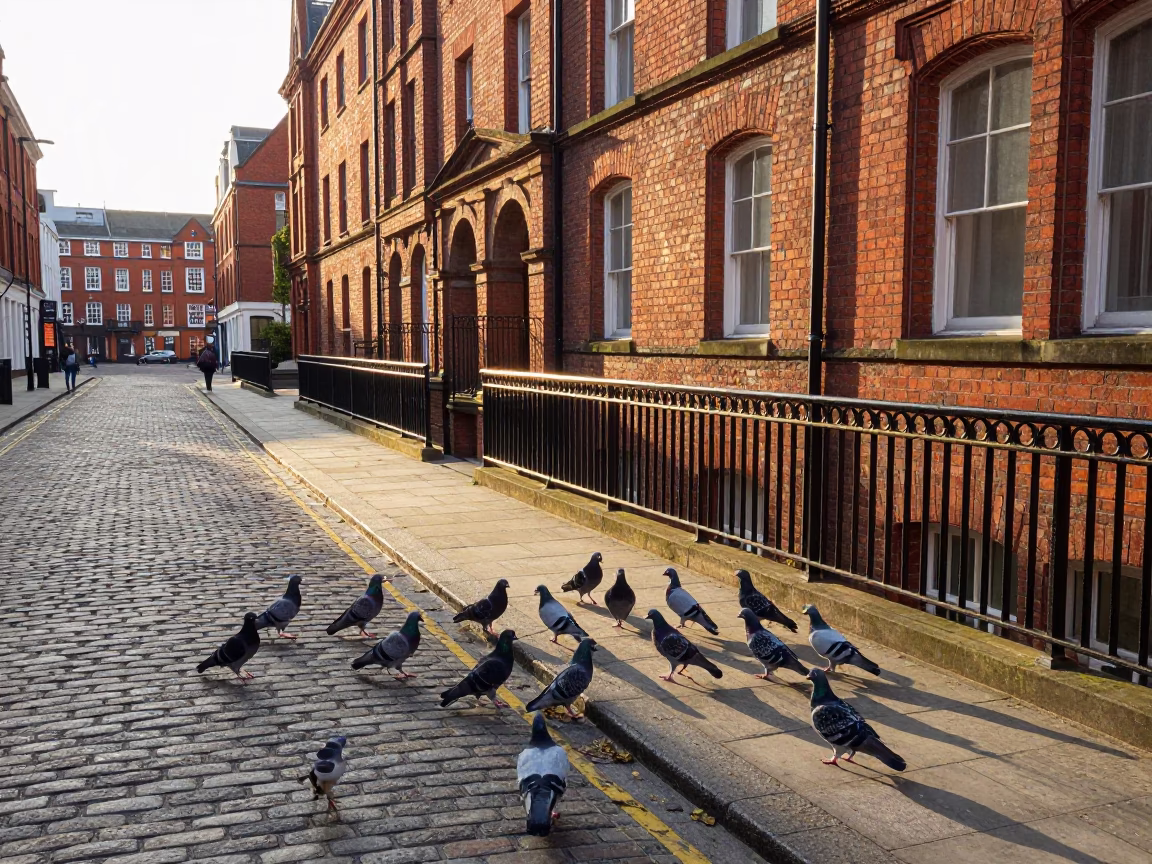 Golden Hour Street Scene in Liverpool United Kingdom with Pigeons and Vintage Elements in in Liverpool, United Kingdom