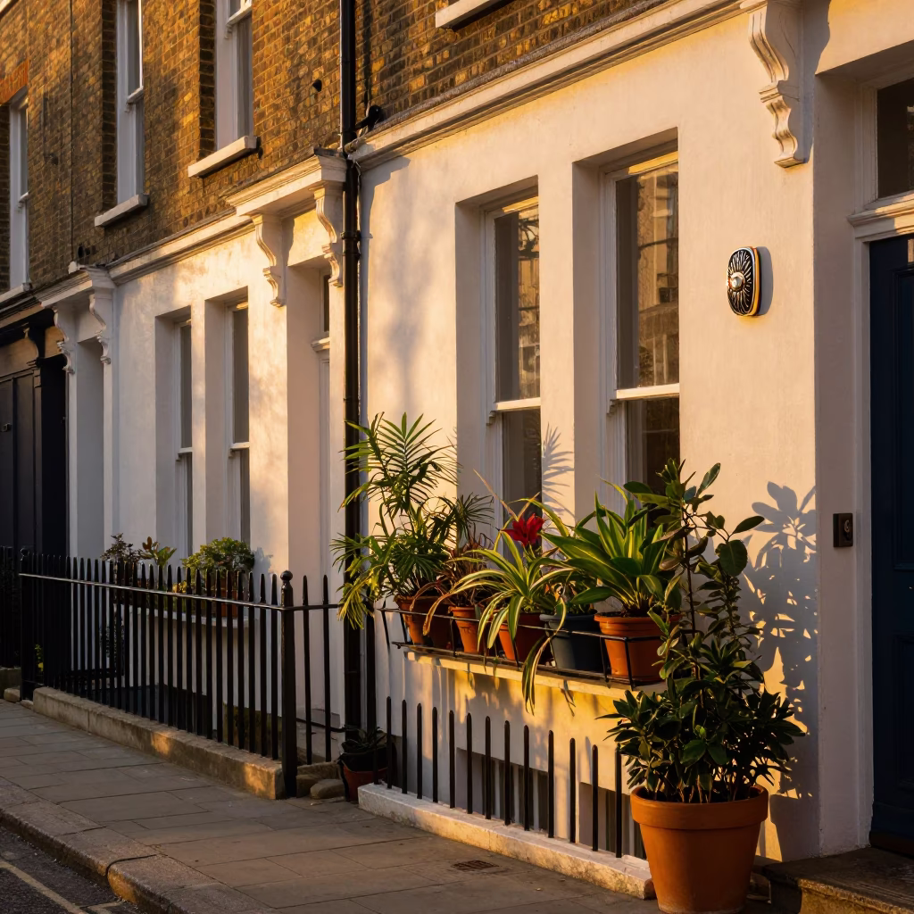 Golden Hour Street Scene in London with Vintage Signet Ring and Houseplants in in London, United Kingdom