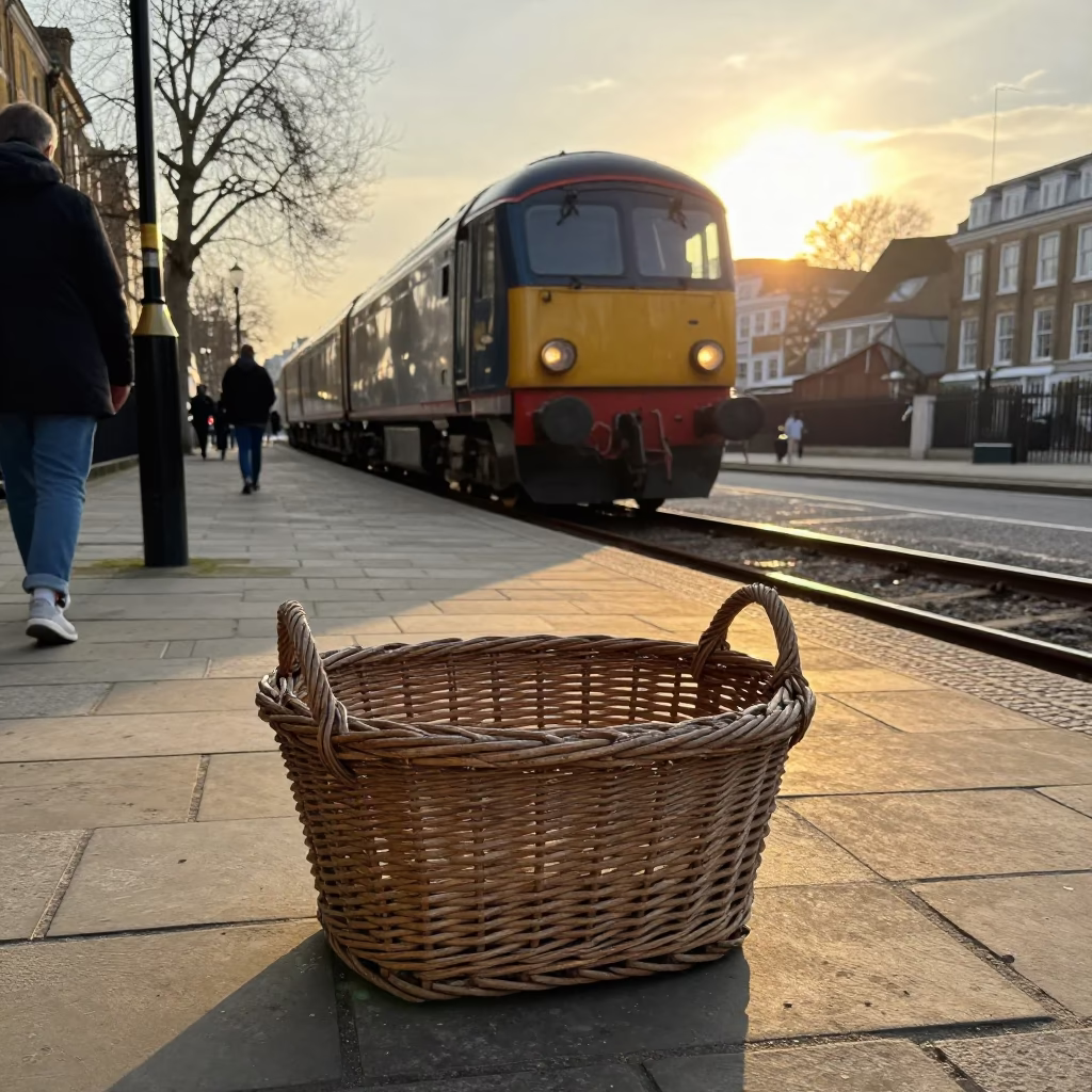 Golden Hour Street Scene in London with Wicker Hamper and Heritage Locomotive in in London, United Kingdom