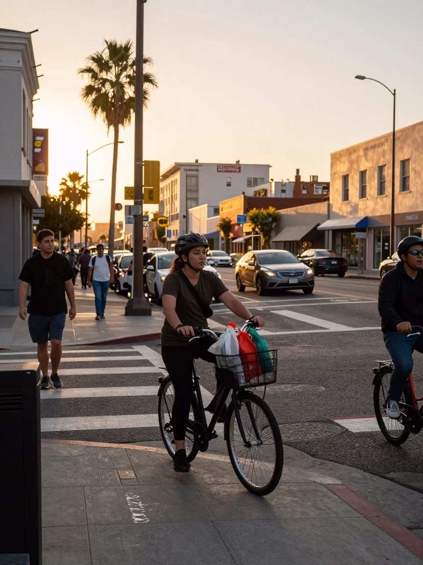 Golden Hour Street Scene in Los Angeles with Bicycle Basket and Pedestrians in in Los Angeles, California, United States
