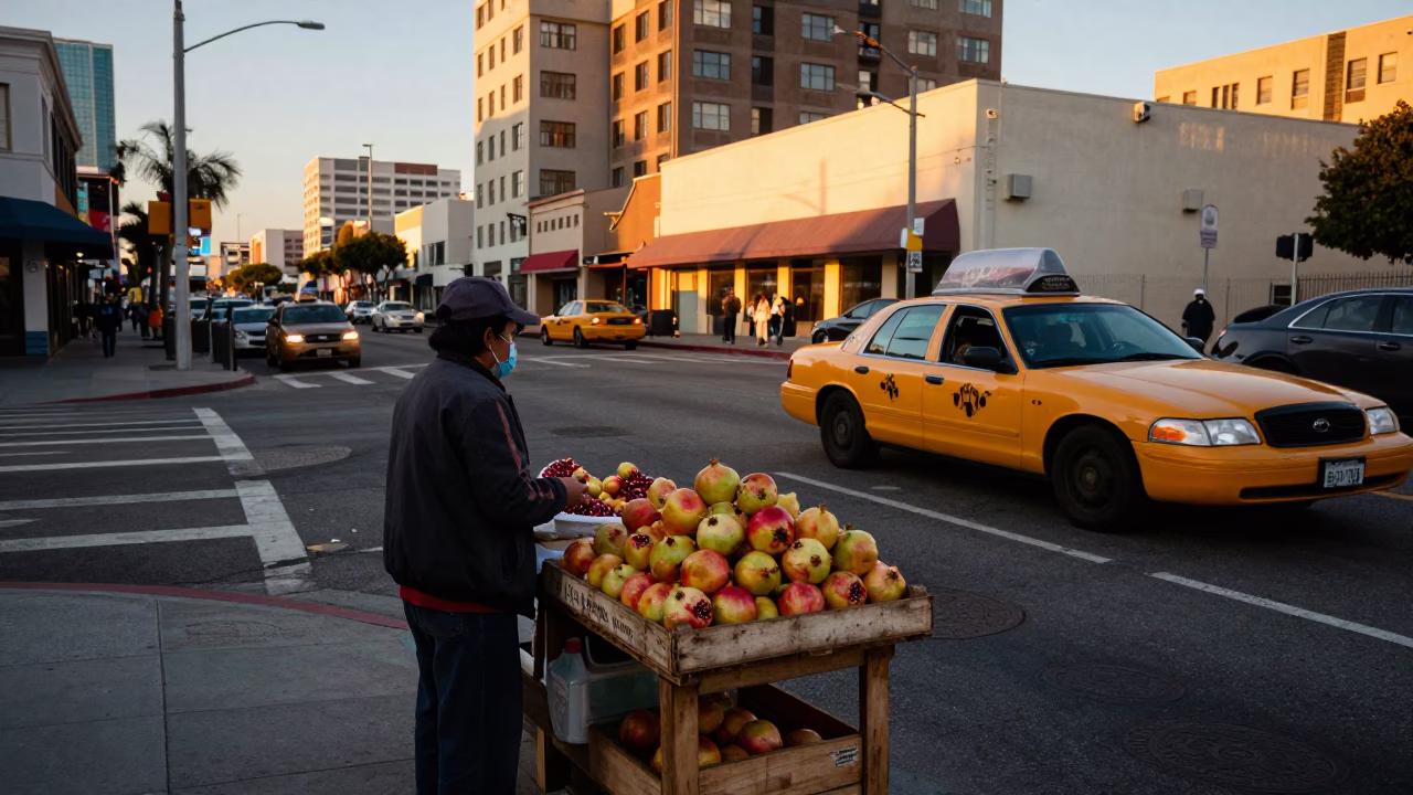Golden Hour Street Scene in Los Angeles with Yellow Taxi and Pomegranate Vendor in in Los Angeles, California, United States