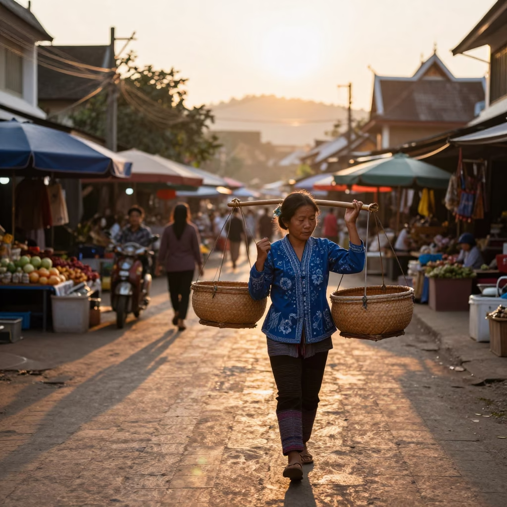 Golden Hour Street Scene in Luang Prabang Laos Market Woman Carrying Woven Basket in in Luang Prabang, Laos