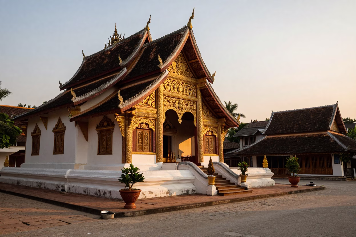 Golden Hour Street Scene in Luang Prabang Laos with Alms Baskets and Temple Architecture in in Luang Prabang, Laos