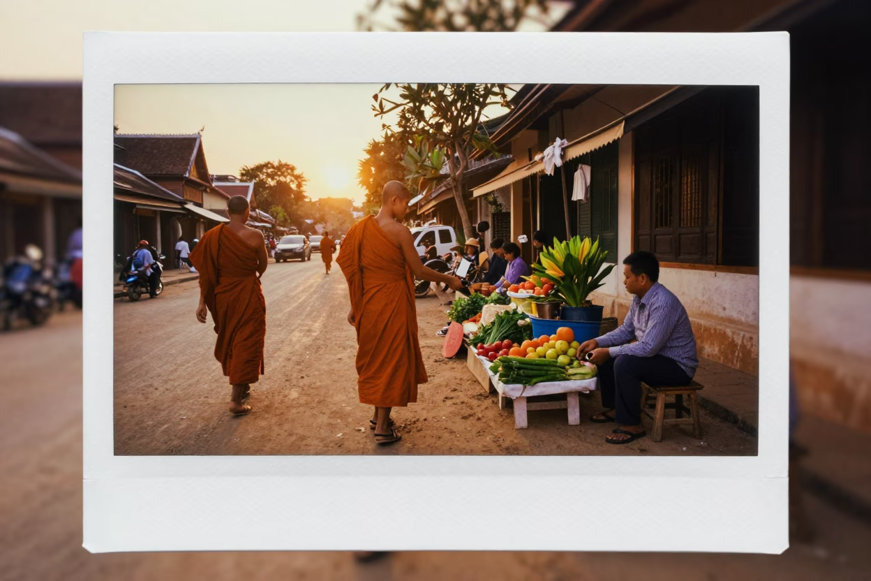 Golden Hour Street Scene in Luang Prabang Laos with Alms Giving and Traditional Architecture in in Luang Prabang, Laos