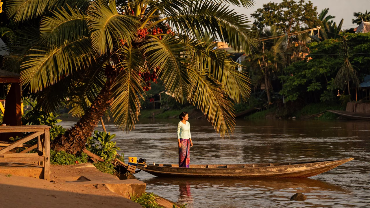 Golden Hour Street Scene in Luang Prabang Laos with Date Palm and Punting in in Luang Prabang, Laos